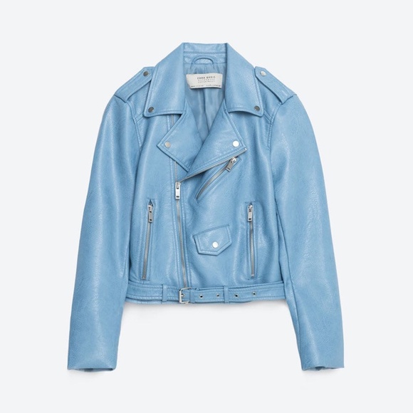 Zara Sky Blue Leather Biker Jacket - Picture 2 of 16